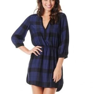 Parker Mallory Blue and Black Plaid Dark Academia, Luxury, Silk Dress Size M